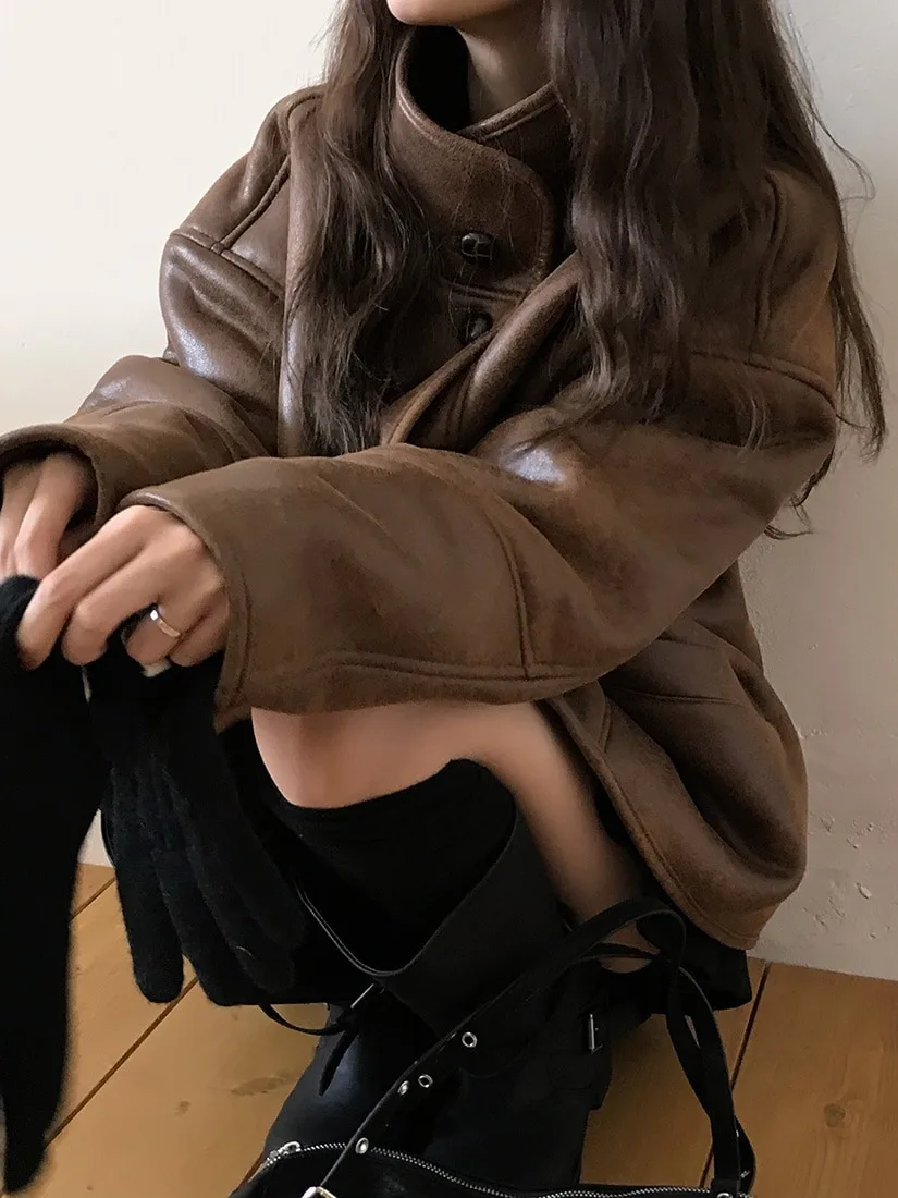 Sli 韓国産ラムファー ジャケット レディース 冬 レトロ スエード バイカーコート エレ アウターウェア レギュラー丈 アリゲーターパターン