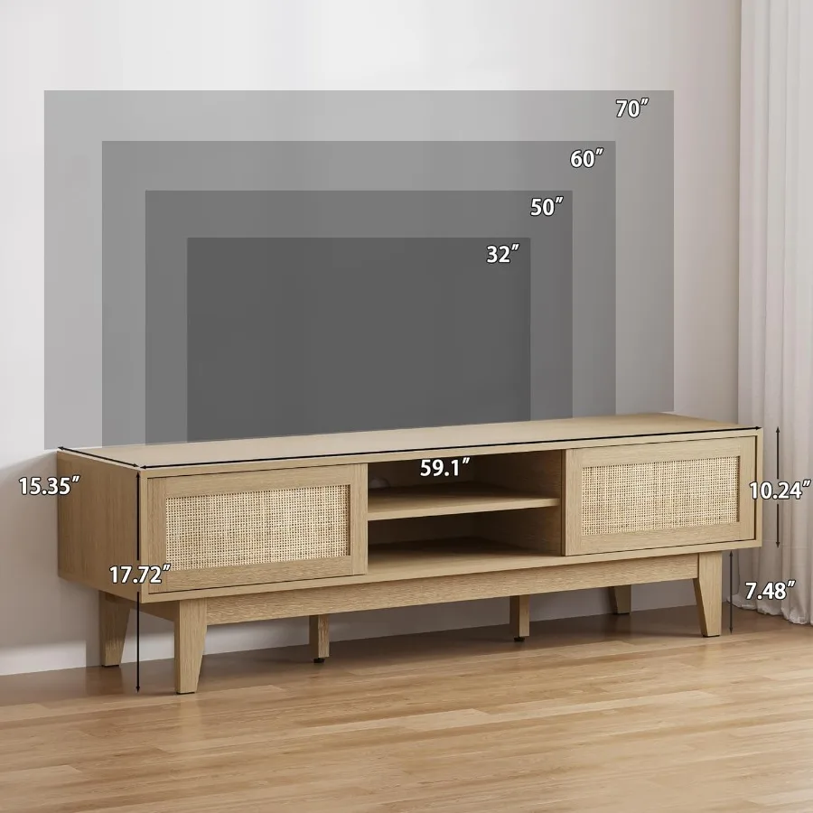 حامل تلفزيون لمركز الترفيه في المزرعة مقاس 65 بوصة مع طاولة وحدة تحكم الوسائط الخشبية لباب الحظيرة المنزلقة باللون الطبيعي من الروطان