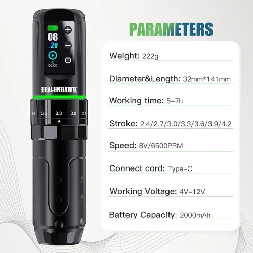 Imagen 2 del producto Dragonhawk L3 Kit de tatuaje Kit de máquina de pluma completo 7 golpes 2 baterías 2000mAh fuente de alimentación Pro agujas de tatuaje para principiantes