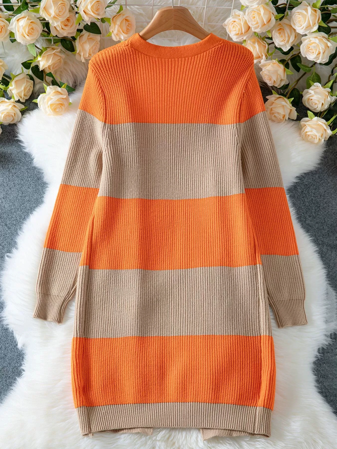Color blocking striped cardigan sweater for women, casual mid to long style, drop shoulder knit cardigan for women