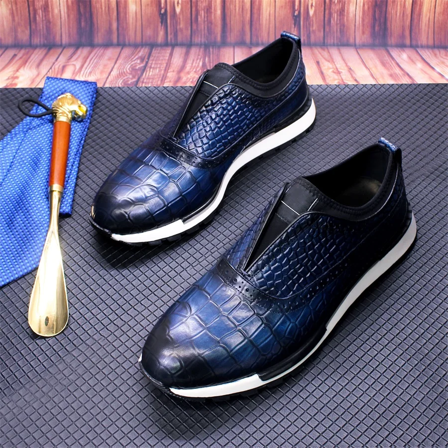 Sapatos masculinos de couro estilo crocodilo, tênis casual confortável com sola non, ideal para casamento e encontros