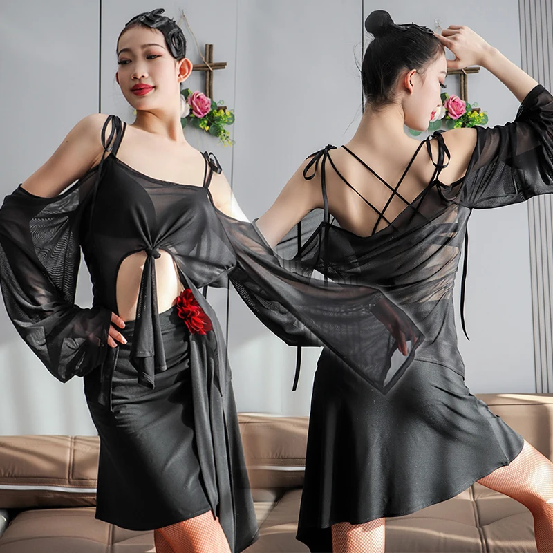 여성용 블랙 라틴 댄스 슈트 오프숄더 스탠다드 탱고 댄스 연습복 루즈 탑 슬릿 스커트 성인 라틴 의상 VDL2816