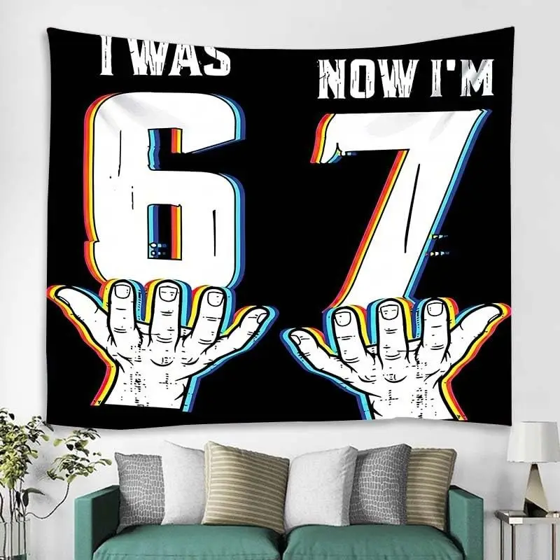 I Was 6 Now I'm 7 Hands Graphic Tapestry Retro Rainbow Number Birthday Wall Hanging Kids Room Party Decor