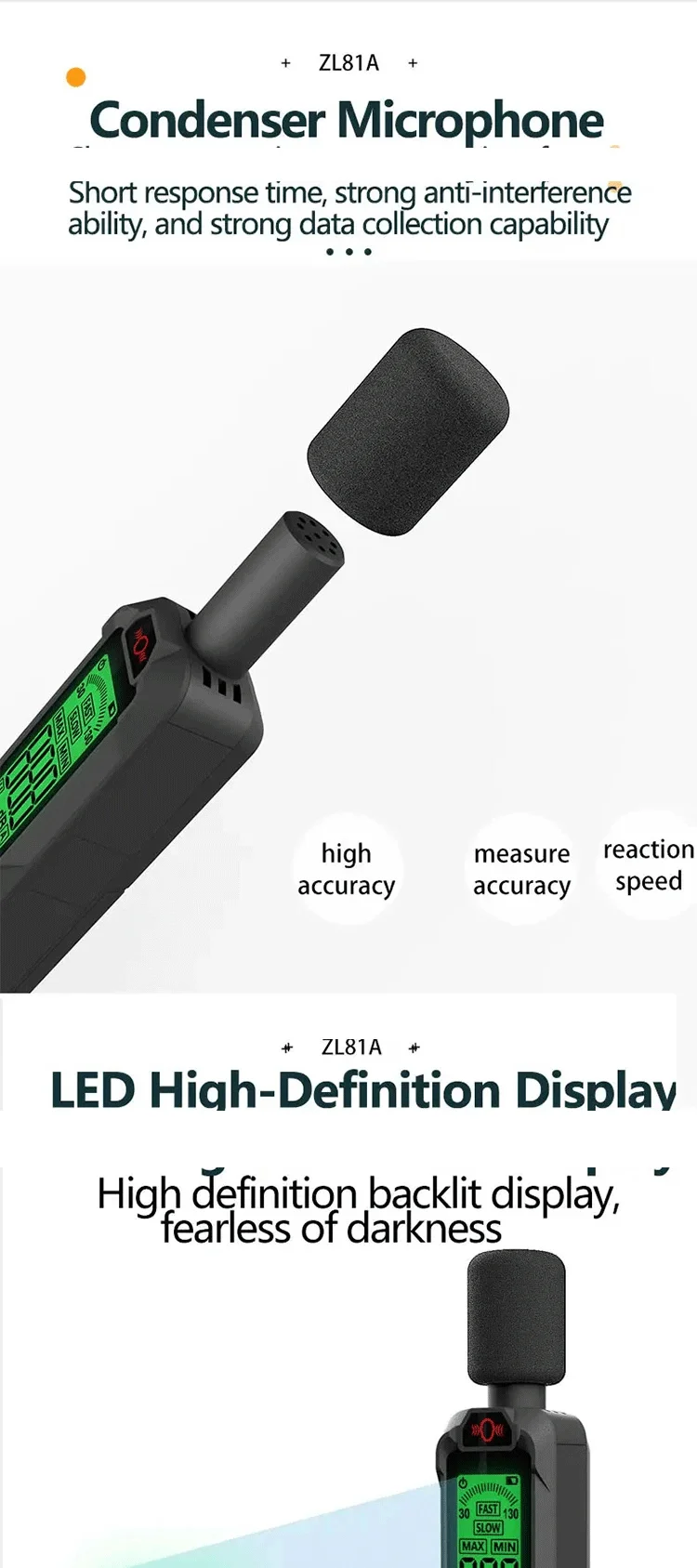 Dezibel Meter Tester Digital Sensor Noise Meter 30-130dB Umgebungsgeräusch Winddicht Schwamm Sound Messgerät – Detail 2