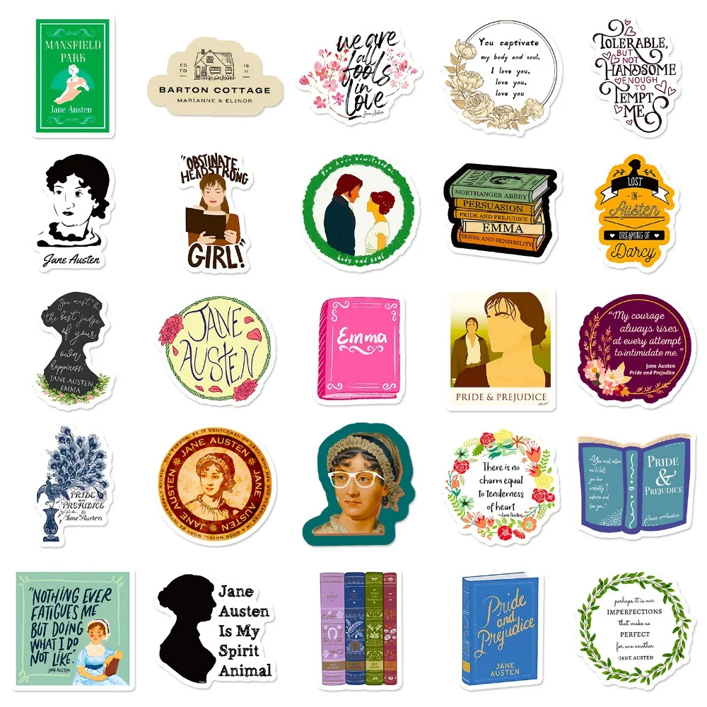 10/50Pcs Jane Austen Art Writer Sticker Personalized Collection Decoration Clipbook Luggage Book Desk English Phrases Gift Toys