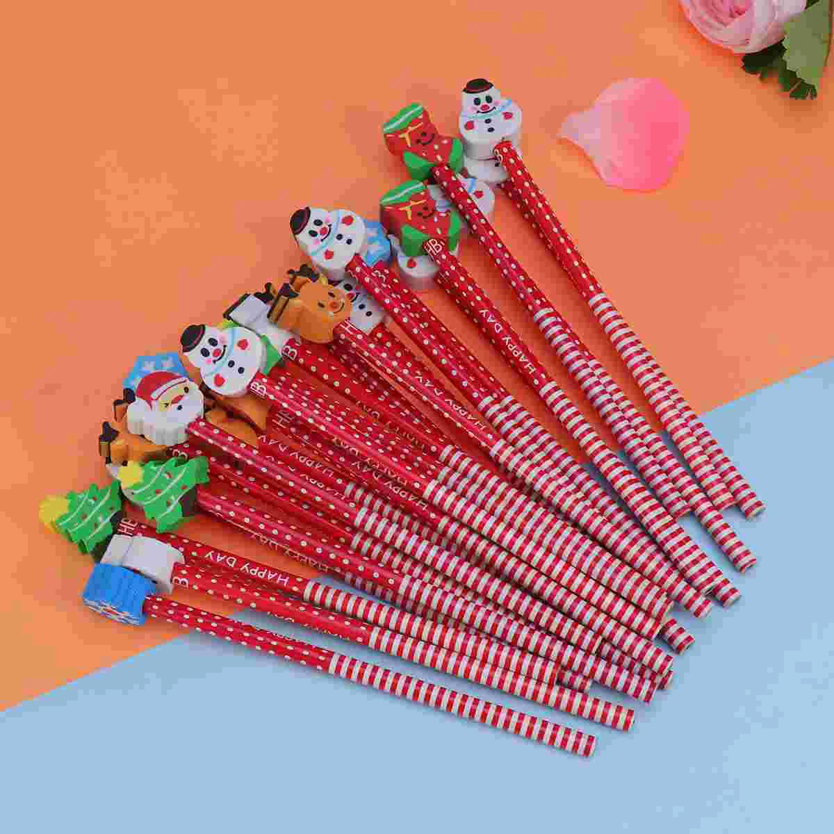 24 Pcs Erasable Pencils Santa Claus Drawing Reindeer Christmas with Eraser Cartoon