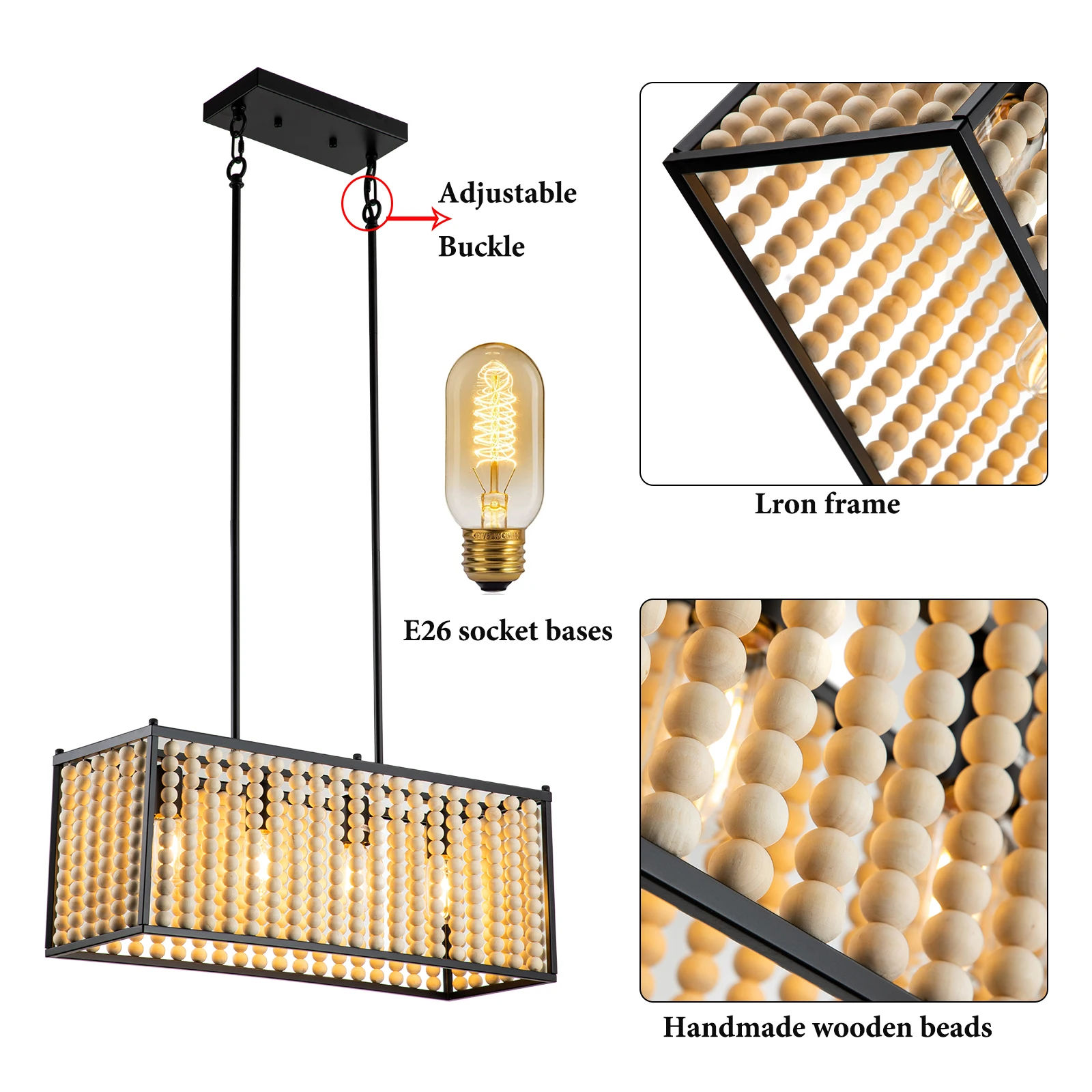 木製ビーズシャンデリア 4灯 24インチ ボヘミアンシーリングライト 高さ調節可能 20-44インチ リビングルーム ダイニングルーム 寝室用