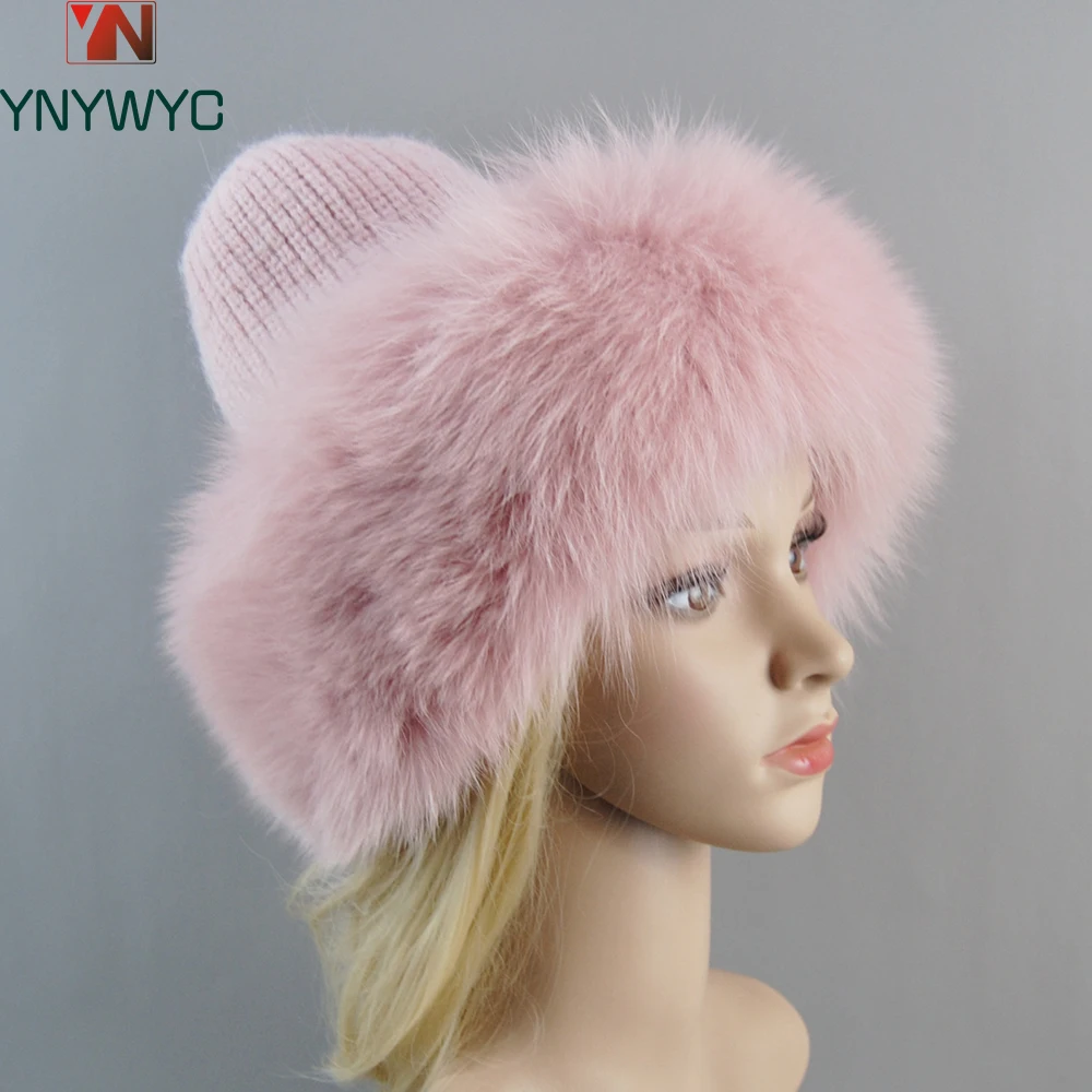 

Women Natural Fox Fur Fluffy Warm Fedoras Knitted Fur Hats Women's Winter Real Fox Fur Wool Knit Hat Lady Cap Beanie Winter Hats