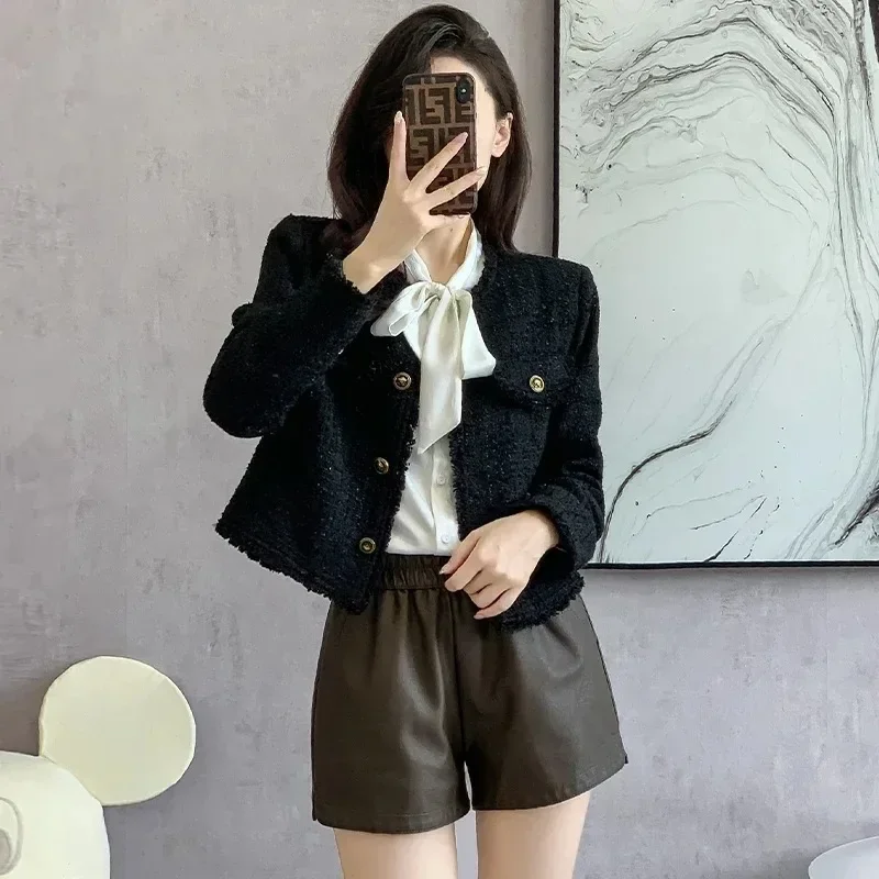 Graceful Socialite Short Tweed Coat High-End Women's Clothing Black High Sense Socialite Top Elegant Blazer Korean Outerwear