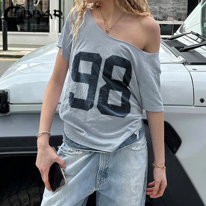 CIBBAR Streetwear Oversized T-shirt Vintage Print Casual Off-shoulder Loose Short Sleeve Tee Shirts y2k Aesthetic Women Clothing