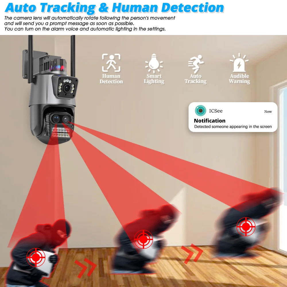 Imagem -03 - Câmera de Vigilância Wifi Ptz Video Security Câmera 360 Cctv sem Fio ao ar Livre Smart Home Icsee App Telas Duplas 6k 12mp 8x Zoom