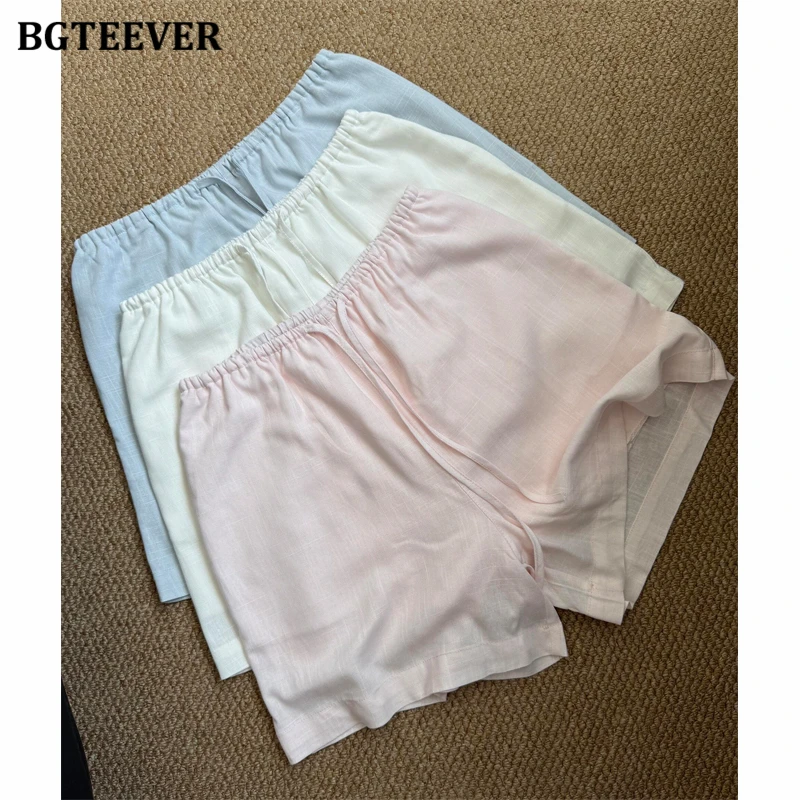 BGTEEVER Cream-colored Linen Shorts, Suitable for Commuting and Vacation, Loose Fit, Summer Thin A-line Wide Leg