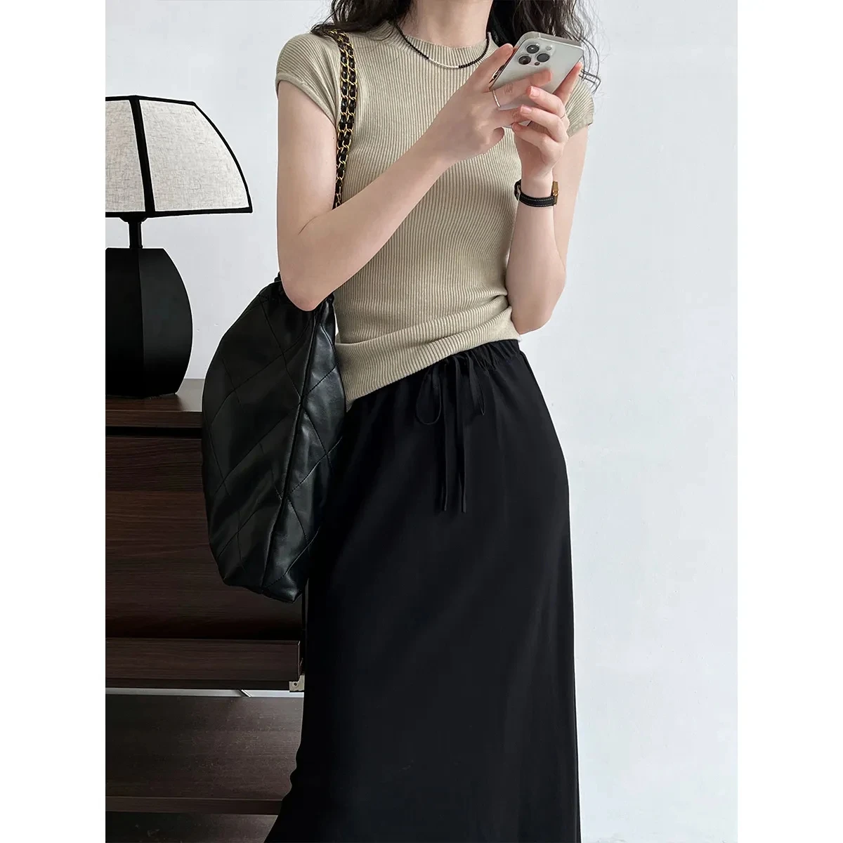 Women's Simple Cupro Drawstring Maxi Skirt Black Gray Elastic Waist High-end A-line Slit Hem Covering Long Skirt for Women