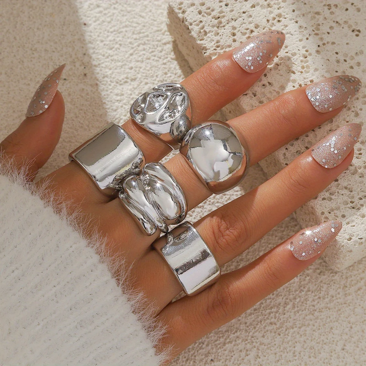 

Niche Trend Design Sense Geometric Curved Ring Joint Ring Opening Set Ring