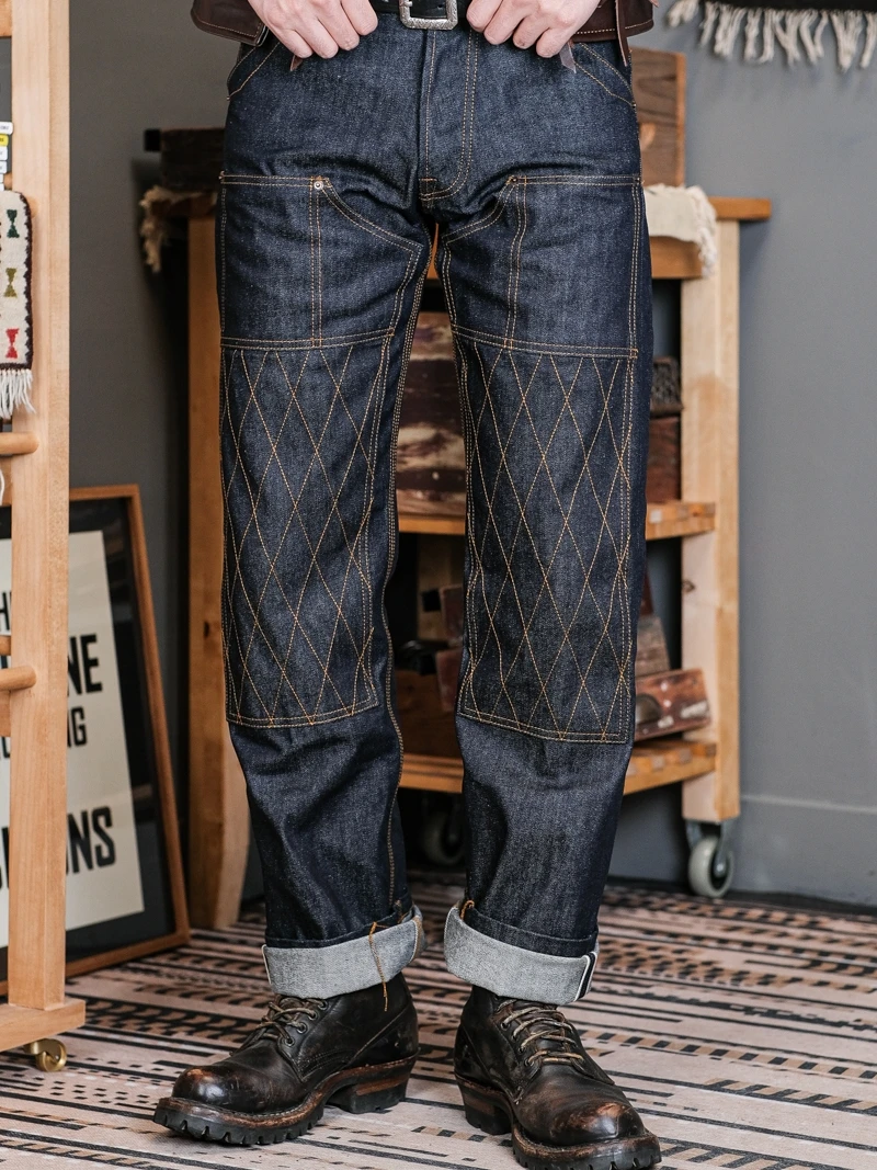 

Темно-синие оригинальные джинсовые джинсы для верховой езды, рабочая одежда с усиленным ромбовидным узором, длинные брюки, трофеи, издание, хлопок в стиле ретро