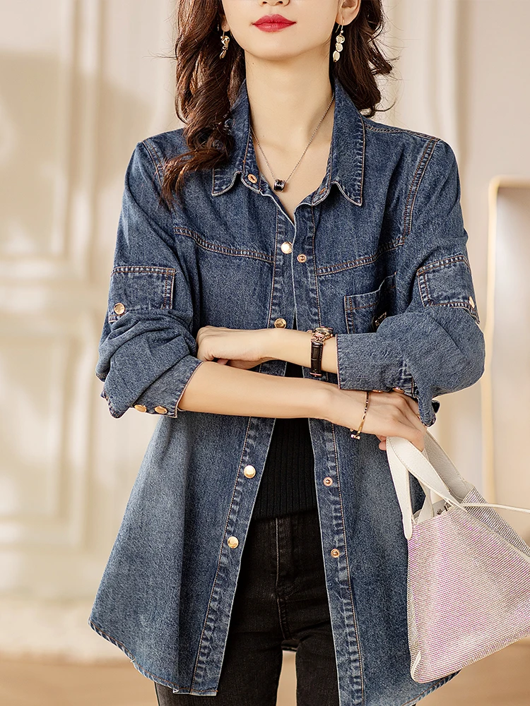 

Women's Autumn Fashion Denim Coat Spring New Trendy Korean Style Patchwork Vintage Jacket Female High End Slim Fit Casual Trench