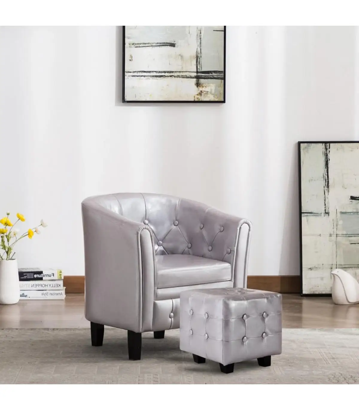 Silver synthetic leather footrest cube armchair