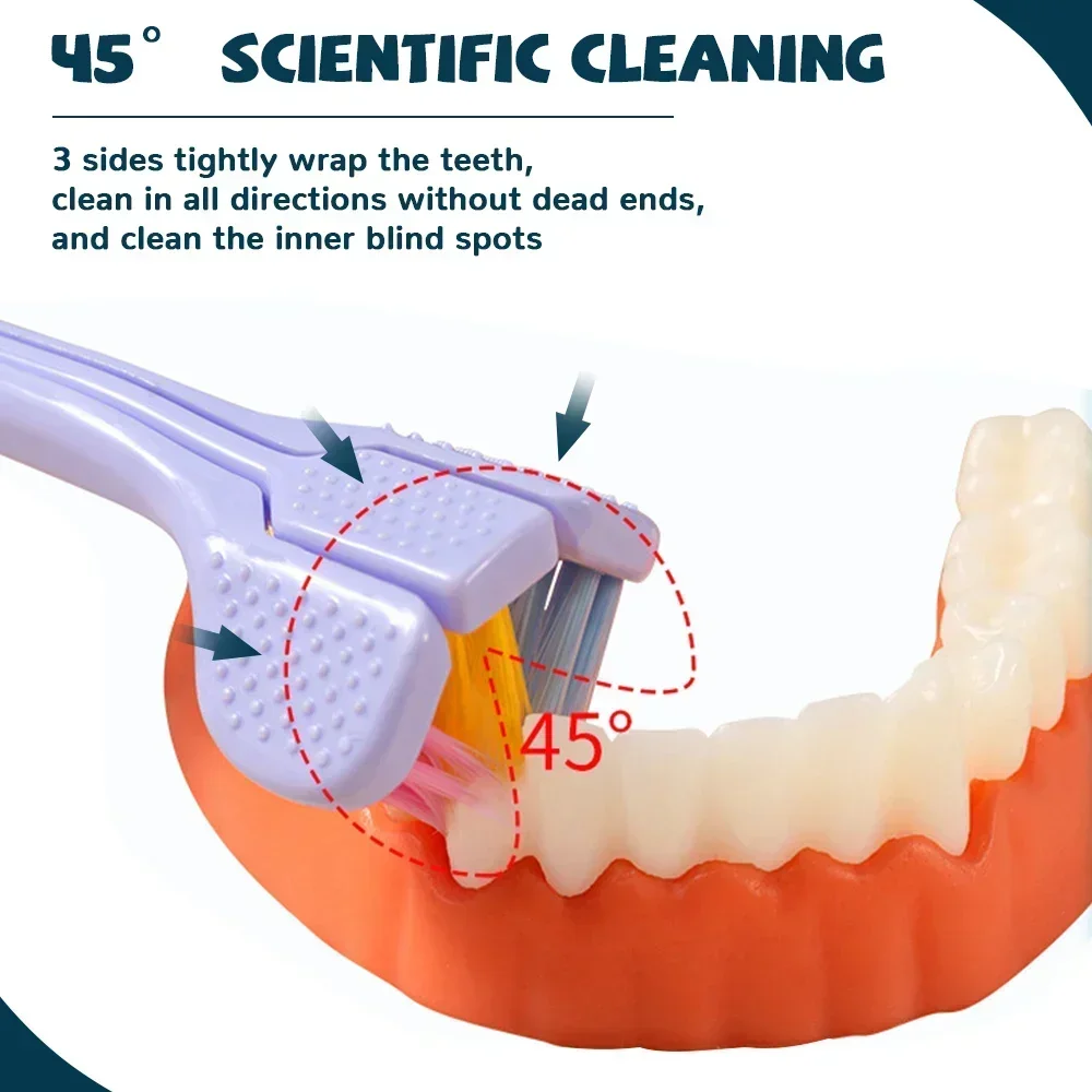 8PCS Spazzolino da denti a tre lati Setole morbide Spazzolino da denti per adulti da 360 gradi Raschietto per lingua Pulizia profonda Spazzolino da denti per igiene orale