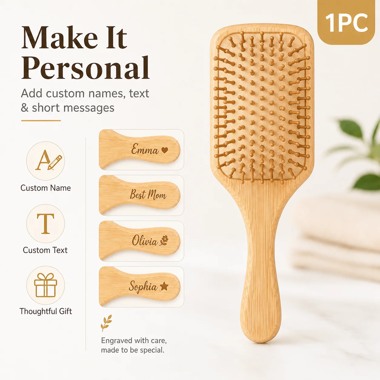 1Pc Customized Text-Inlaid Air Cushion Massage Comb, Made of Natural Bamboo Material, Anti-Static, Portable Design, Suitable for Both Wet and Dry Hair, Works with Straight to Wavy Hair, Unisex, Compatible with All Hair Types