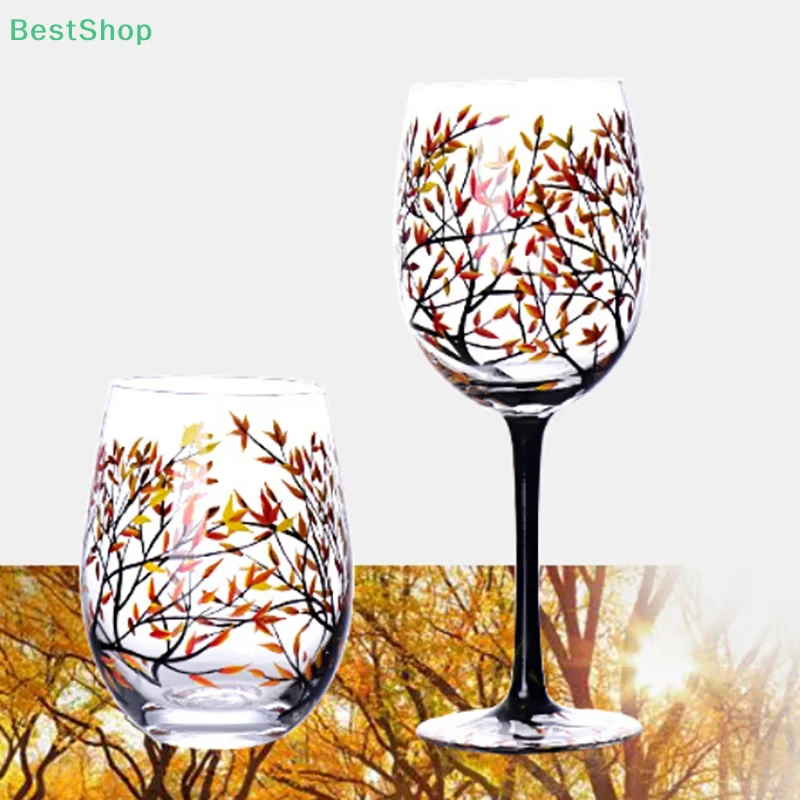 1 Pc New Four Seasons Trees Wine Glasses Creative Printed High Legged Glass Cup for Wine Beer Cocktail Large Capacity Glass Cups