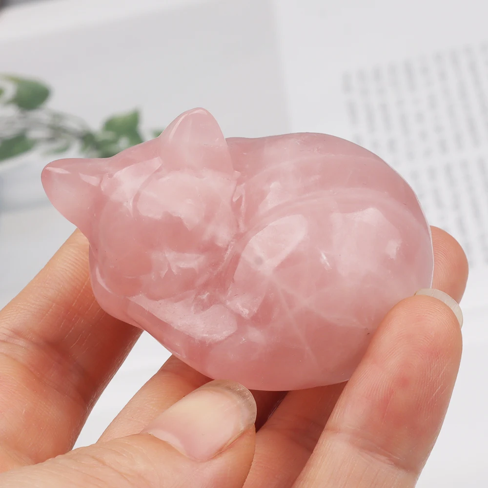 Big Rose Quartz Sleeping Cat Decoration 2.2 Inch Crystal Carved Animal Mineral Healing Souvenir Big Size Zoo Theme view 5
