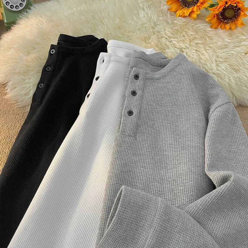 Mens Loose Henley Pullover Crew Neck Waffle Weave Material Button Placket Minimalist All Match Leisure Outer Apparel