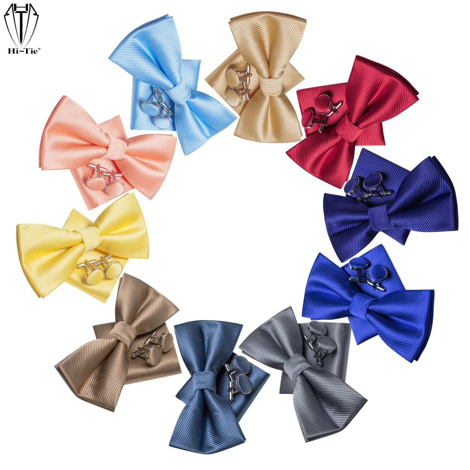 

Hi-Tie 10PCS Silk Mens Bow Tie Hanky Cufflinks Set Solid Pre-tied Butterfly Knot Bowtie for Male Sky Blue Pink Wedding Business