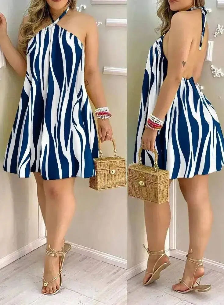 Print Halter Neck Dress, Vacation Style Backless Dress For Spring & Summer, Women's Clothing casual women mini dress FX8H