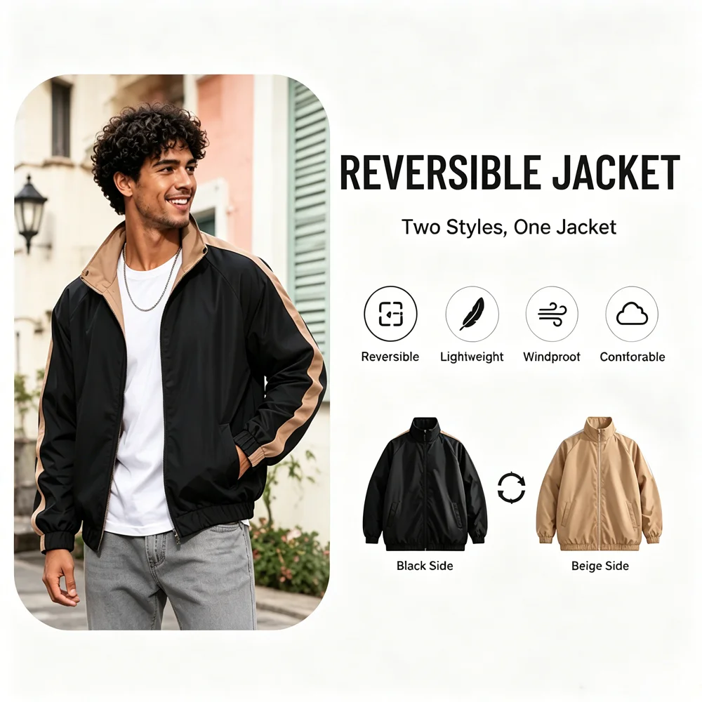 Spring Autumn Men's Lightweight Bomber Jackets Fashion Men Reversible Zipper Coats Outdoor Men Stand Collar Windbreaker Jackets