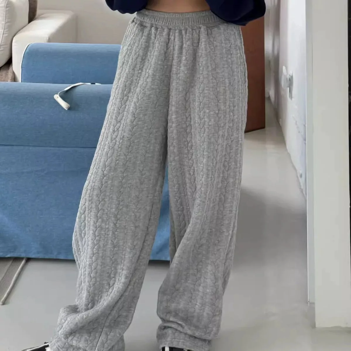 خريف شتاء جديد Sle عادية فضفاض مستقيم الساق السراويل القطن مزيج محبوك النسيج تويست زهرة الملمس تنوعا السراويل الطويلة