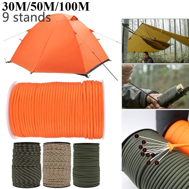 30/50/100M 9 Strands Parachute Cord Lanyard Outdoor Camping Rope Climbing Hiking Survival Equipment Tent Accessories Clothesline