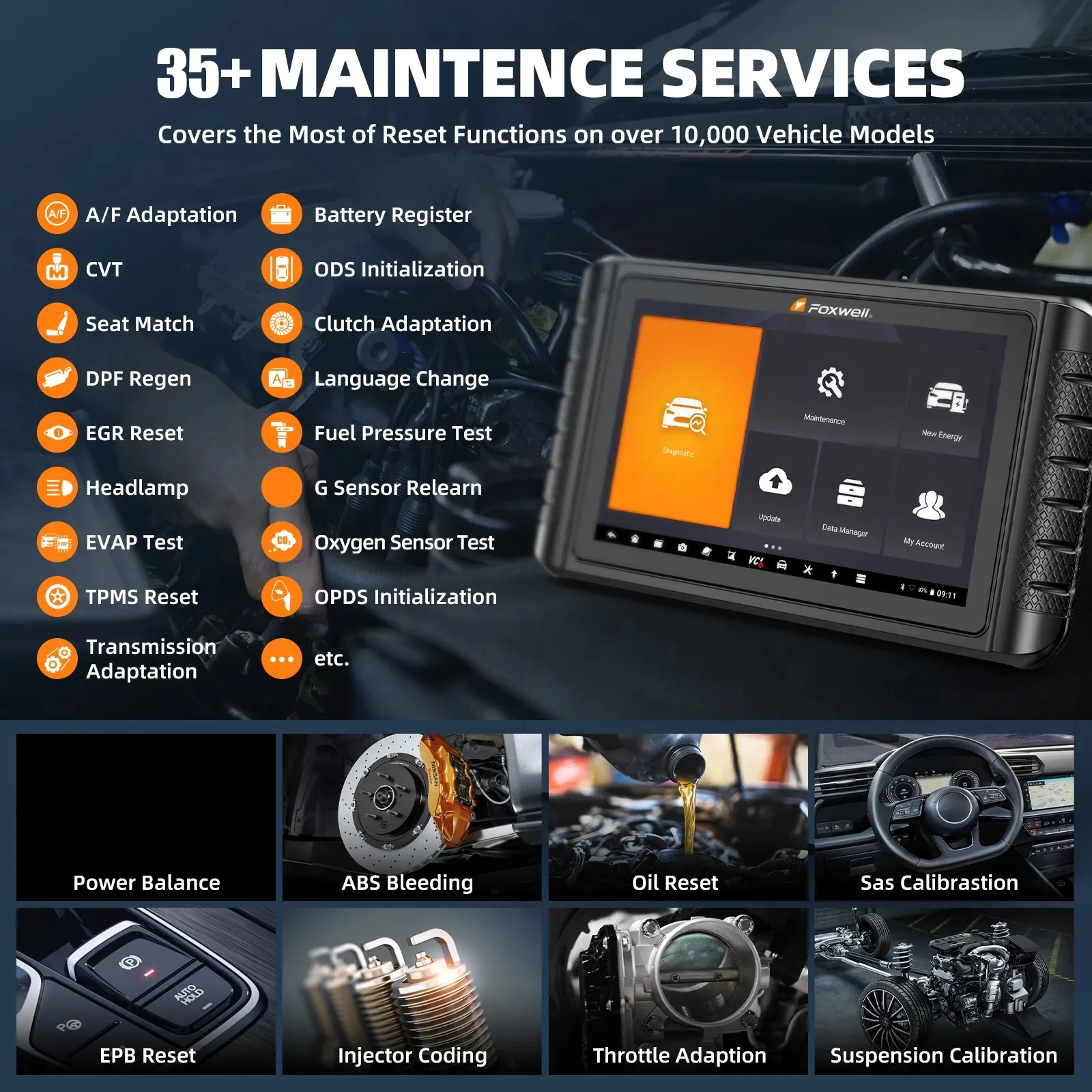 2024 FOXWELL NT1009 OBD2 Bluetooth Car Scanner All System A/F Adjust 35 Reset Active Test ECU Coding OBD 2 Auto Diagnostic Tools