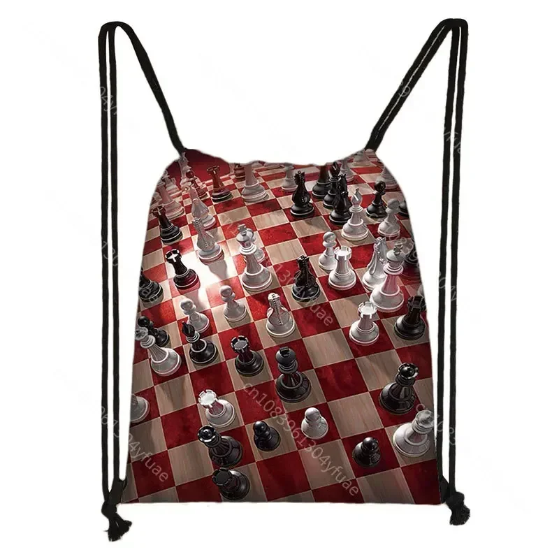 Cute Chess Print Drawstring Bag Chess Player Game Backpacks Large Capacity Storage Bags for Travel Shoes Holder Teenager Daypack