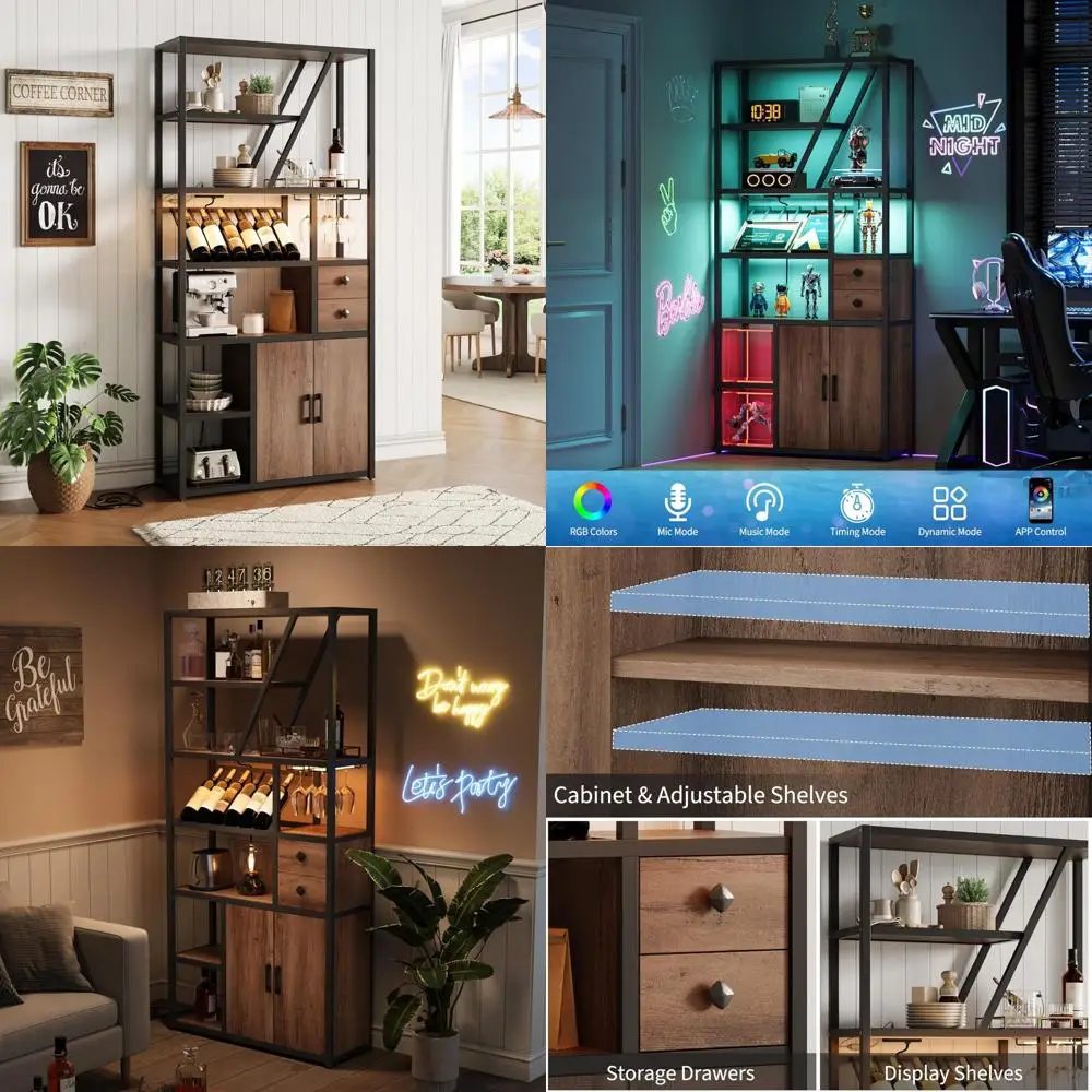 LED Illuminated Wine Bar Cabinet, Tall Coffee Bar Station with Outlets & Wine Rack, Kitchen Microwave Stand and Baker's Rack