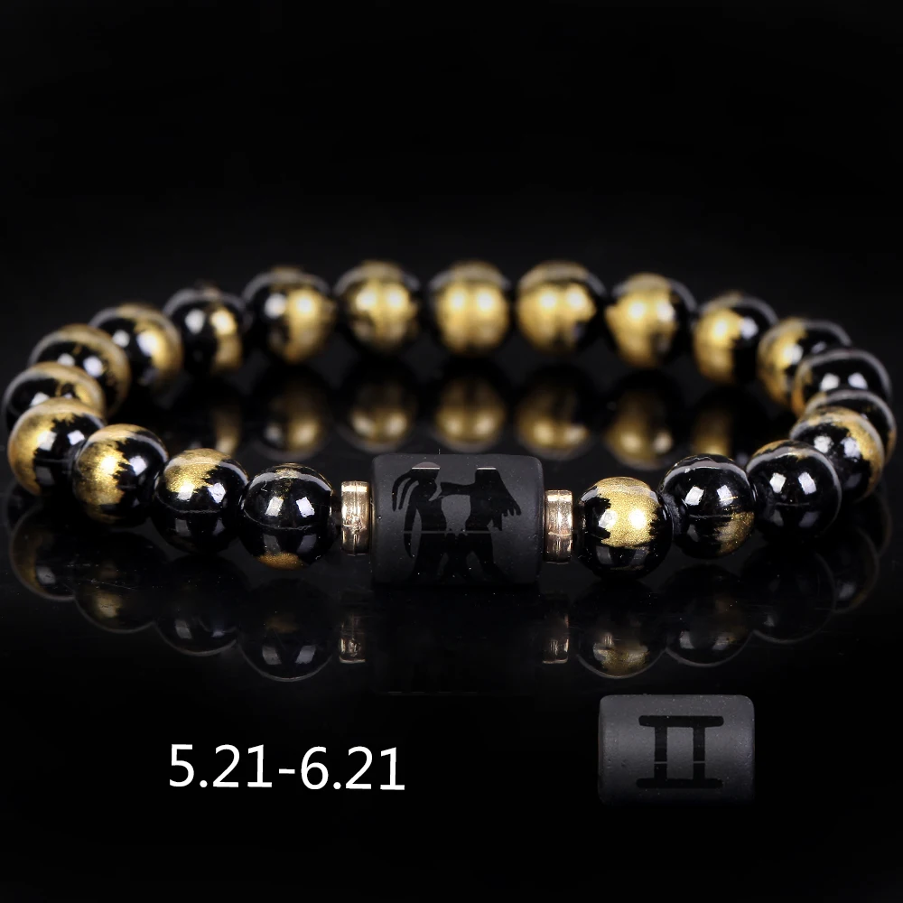 Natural Stone Constellation Couple Bracelet Black Gold Color Jade Spacer Beads Jewelry Gift For Man Women Elastic Rope 8 MM