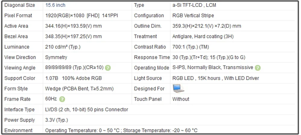 LP156WF3-SLB1 LP156WF3-SLB2 LP156WF3-SLB3 15.6 inch LCD Screen Panel IPS FHD 1920x1080 141PPI LVDS 50pins 60Hz Non-touch