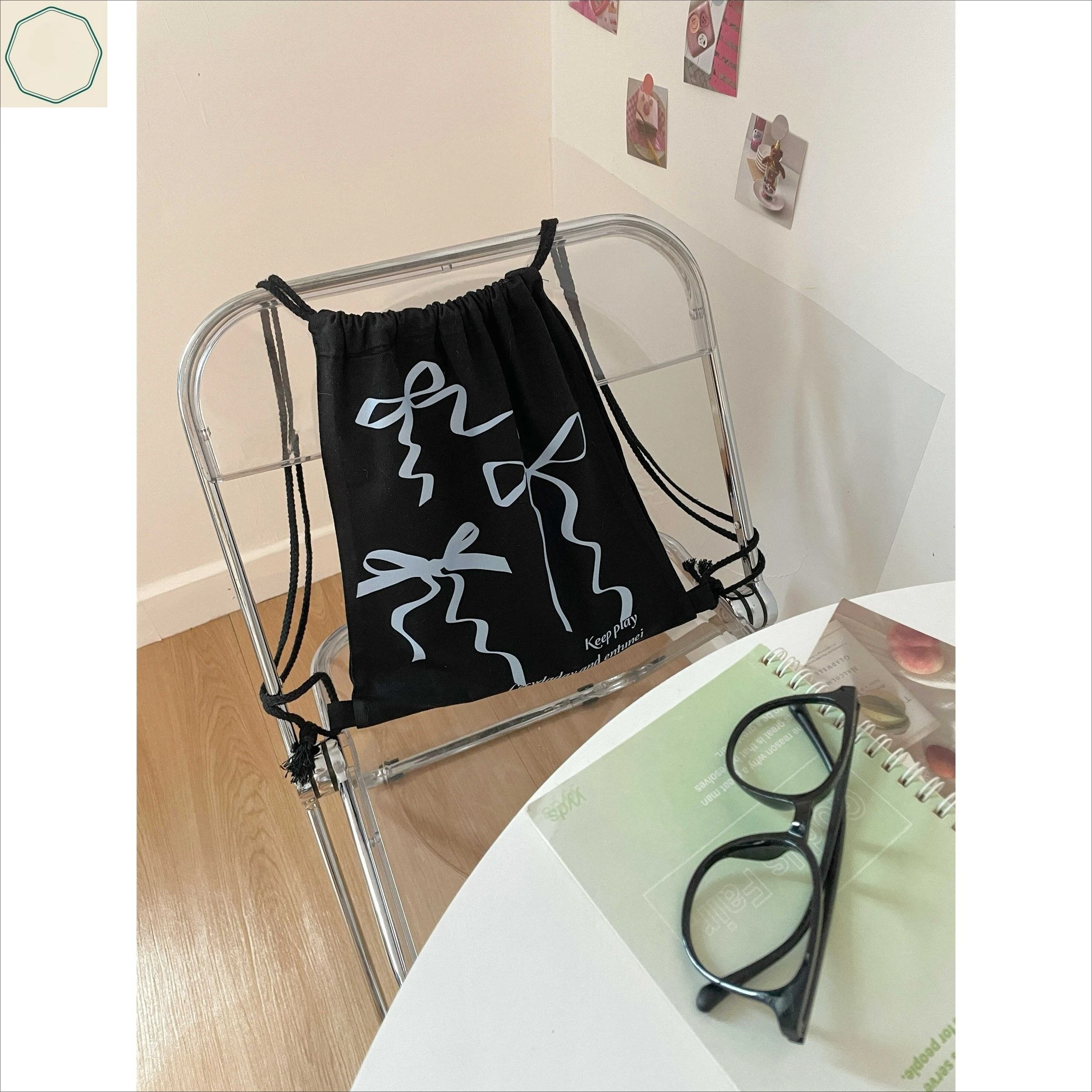 American Retro Bow Drawstring Backpack For Girls And Students Going Out, Portable Large Capacity Drawstring Bag