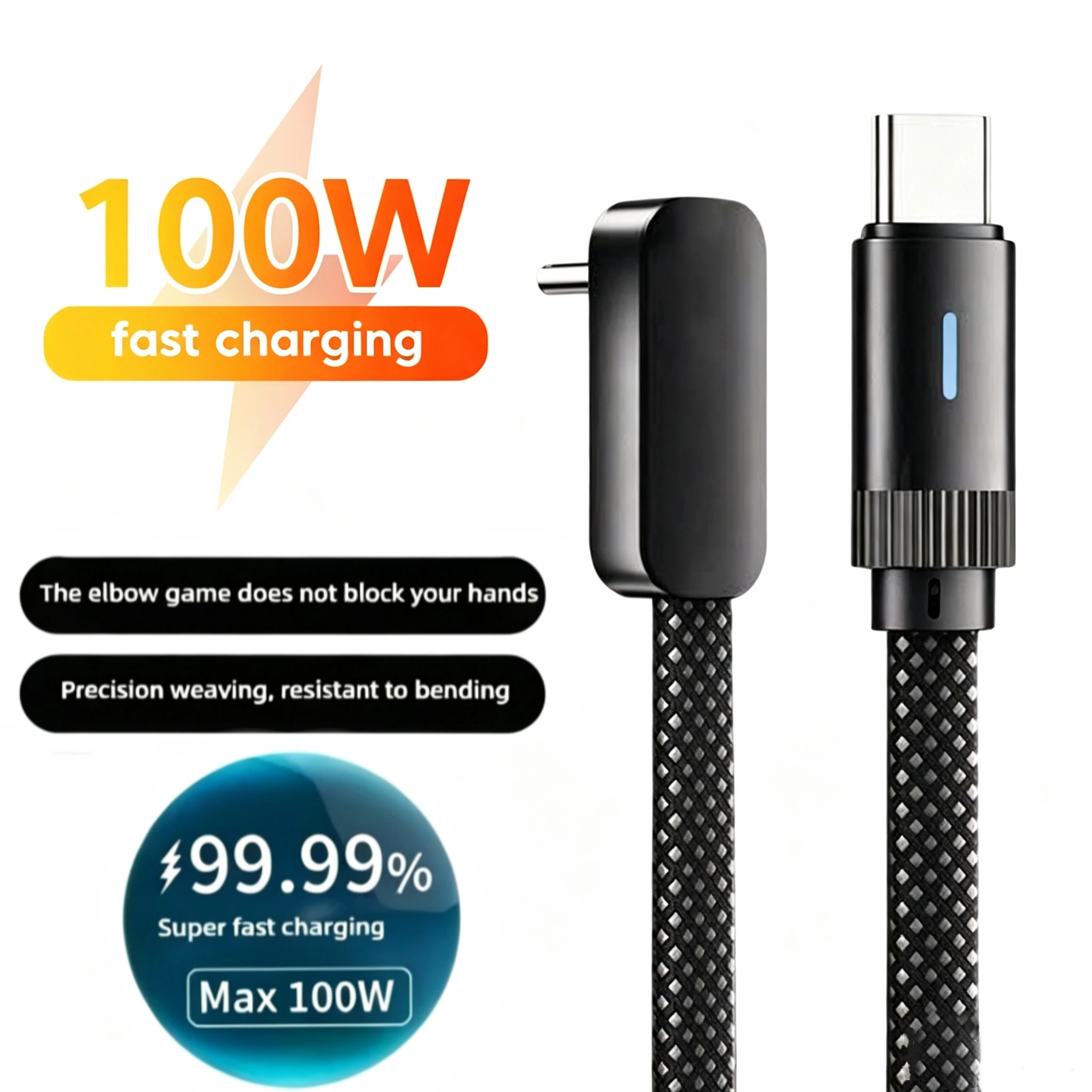 100W 90-Degree Type C to Type C Fast Charging Data Cable For iPhone15 16 17 Huawei Samsung L-Shape Elbow Flat Nylon Braided Cord