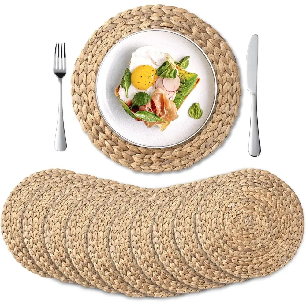 

10 Pack, Round Woven Placemats, Natural Water Hyacinth Place mats, Braided StTable Mats or Dining Table, Chrisas Placemats (13.8