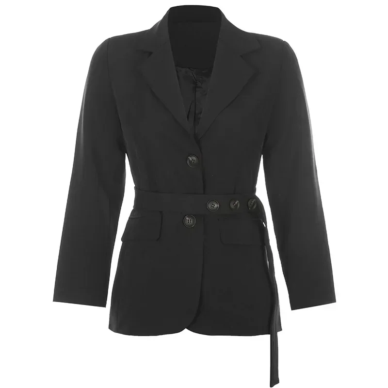 Two Buckles Long Sleeve British Style Solid Colors Blazers Loose Casual Suits with Sashes Women New Fashion Office Work Blazer