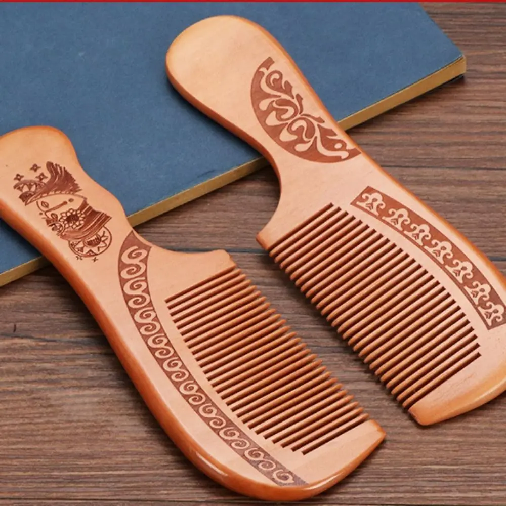 مشط شعر من خشب الخوخ والخوخ، تصميمات منحوتة مضادة للكهرباء الساكنة، مشط من خشب الخوخ، مشط من الخشب الصلب الطبيعي بتصميم عتيق