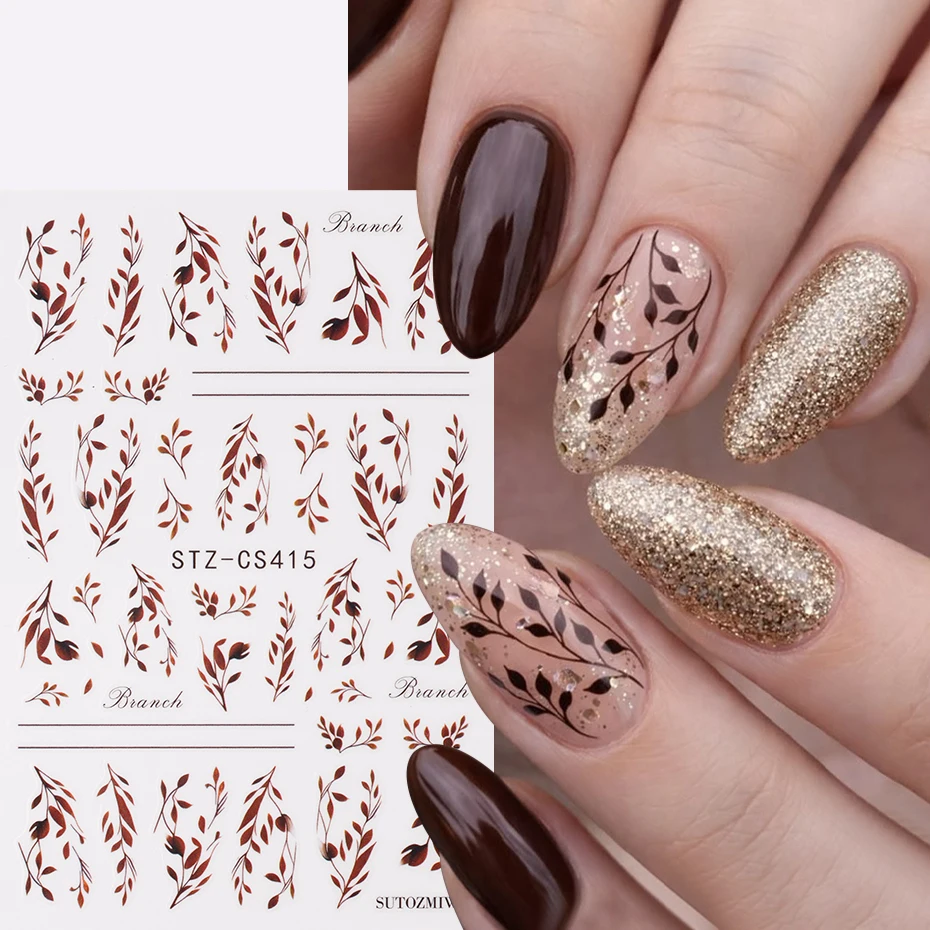 2 Stück 3D Herbst-Braunblätter Nagelkunst-Aufkleber Maillard Warmfarben-Serie Blätter Nagelsticker Tiefe Herbstblätter Nageldesign-Dekor – Detail 3