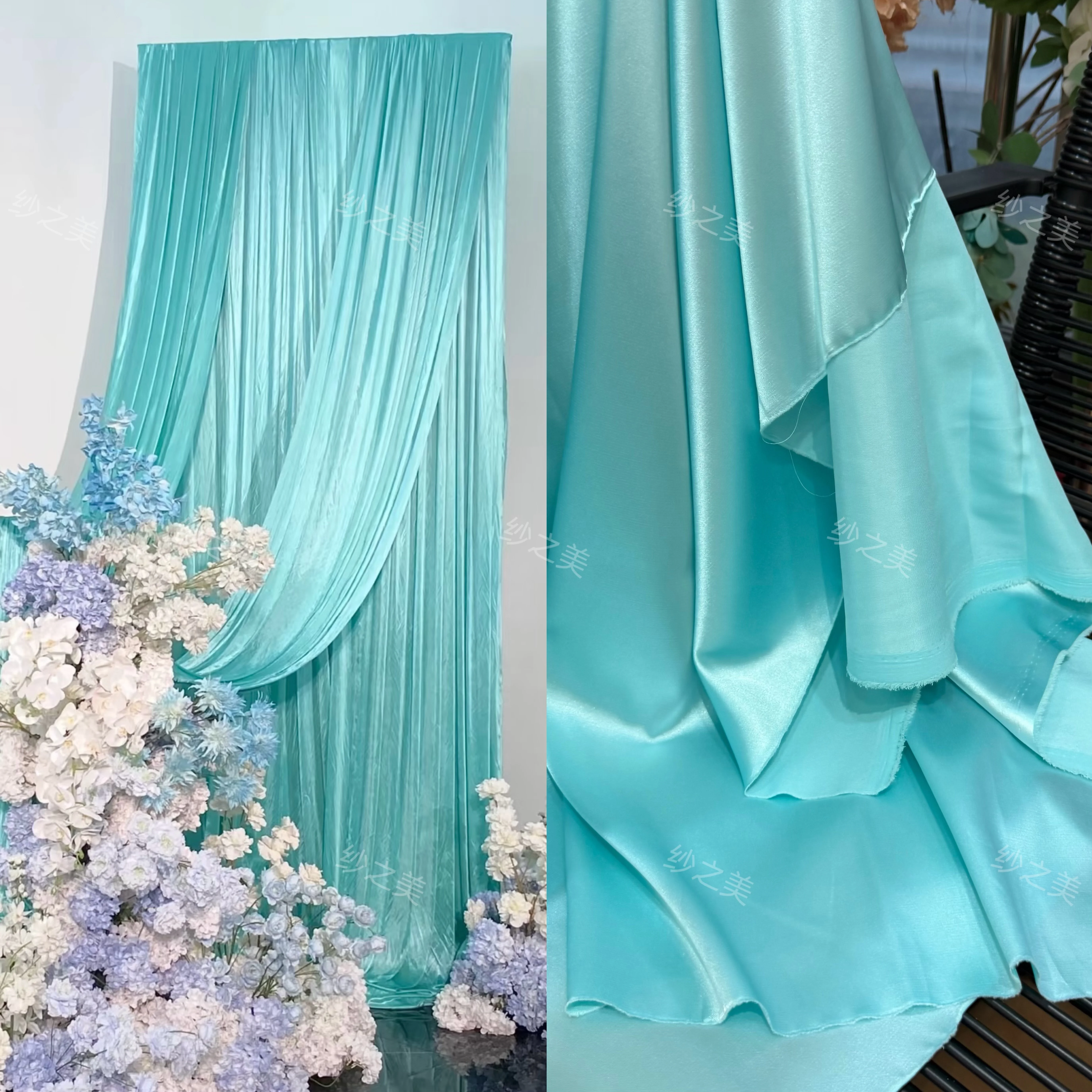 Chinese Style Blue Pearlescent Satin Cloth Draping Fabric for Wedding Glossy Background Photography Fabric
