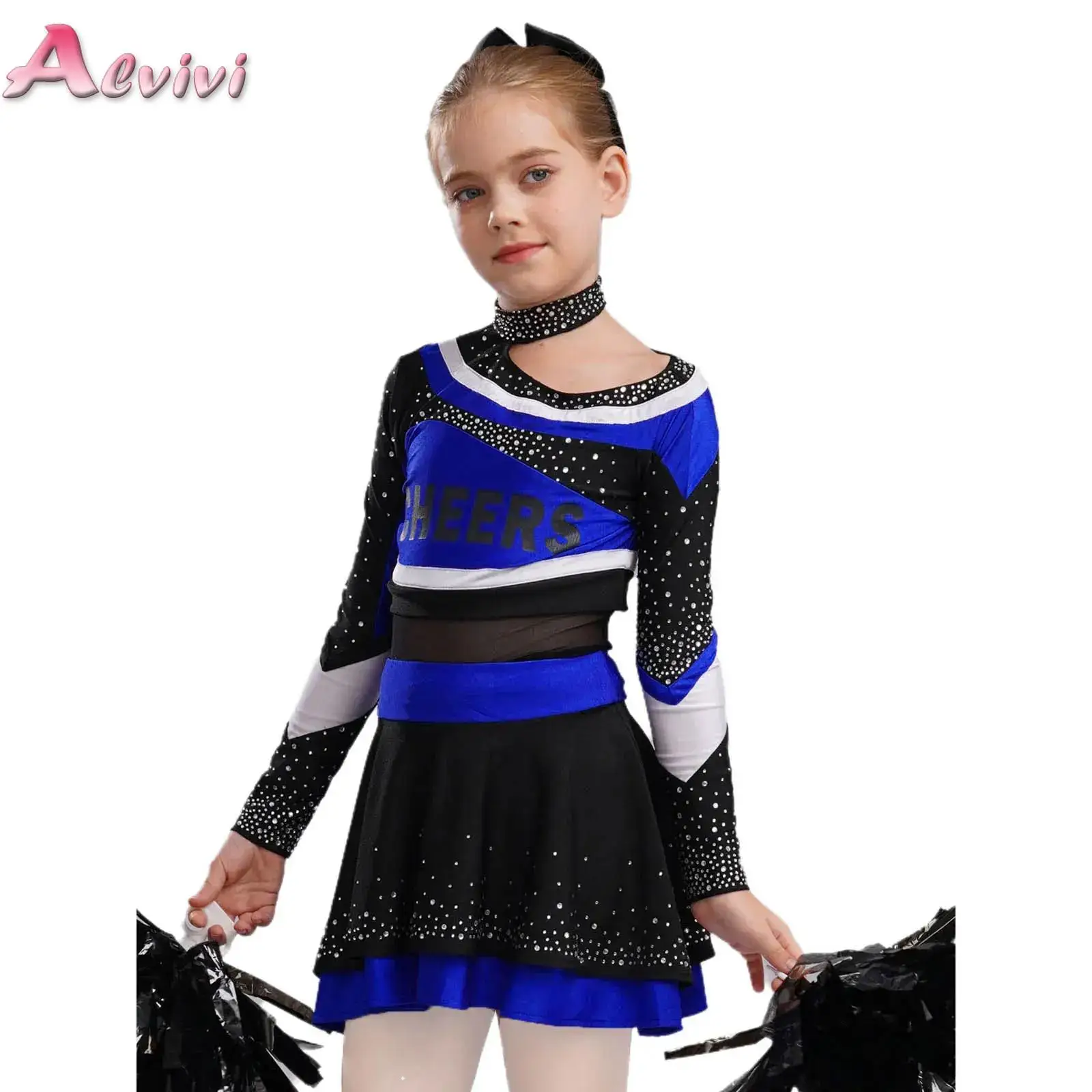 Kids Girls Cheerleading Outfits High School Stage Performance Costume Long Sleeve Letter Print Shiny Rhinestones Top with Skirt
