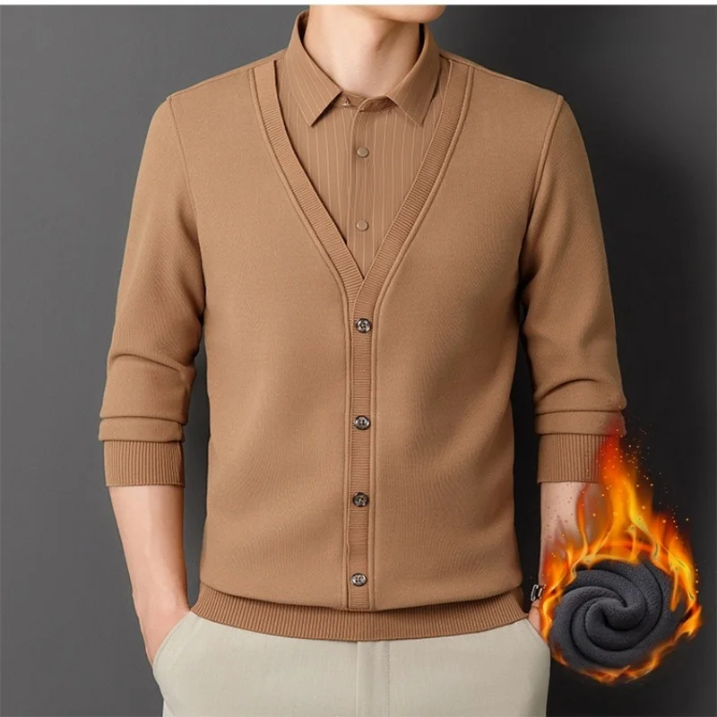 Classic Style Shirts Men's Fake Two-piece Pullover Winter Fleece Warm Tops 2026 New Fashion Casual Long Sleeved Knitted Sweater