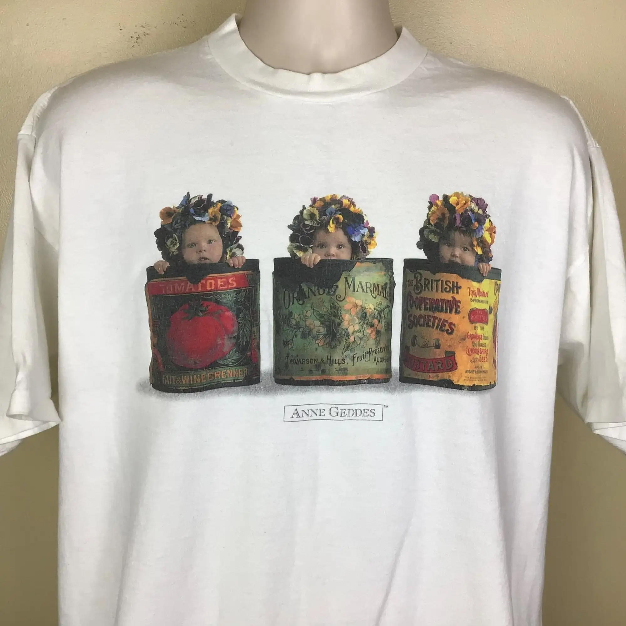 Vtg 1996 Anne Geddes Tin Can Babies TShirt White XL/XXL 90s Art Photography Baby Made In USA