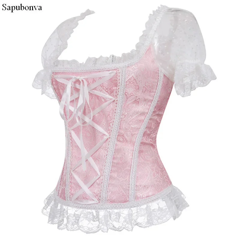 

Sapubonva Satin Corsets and Bustiers Gothic Lace Up Vest Overbust Corsets Shoulder Straps Brocade Corselet for Women Steampunk