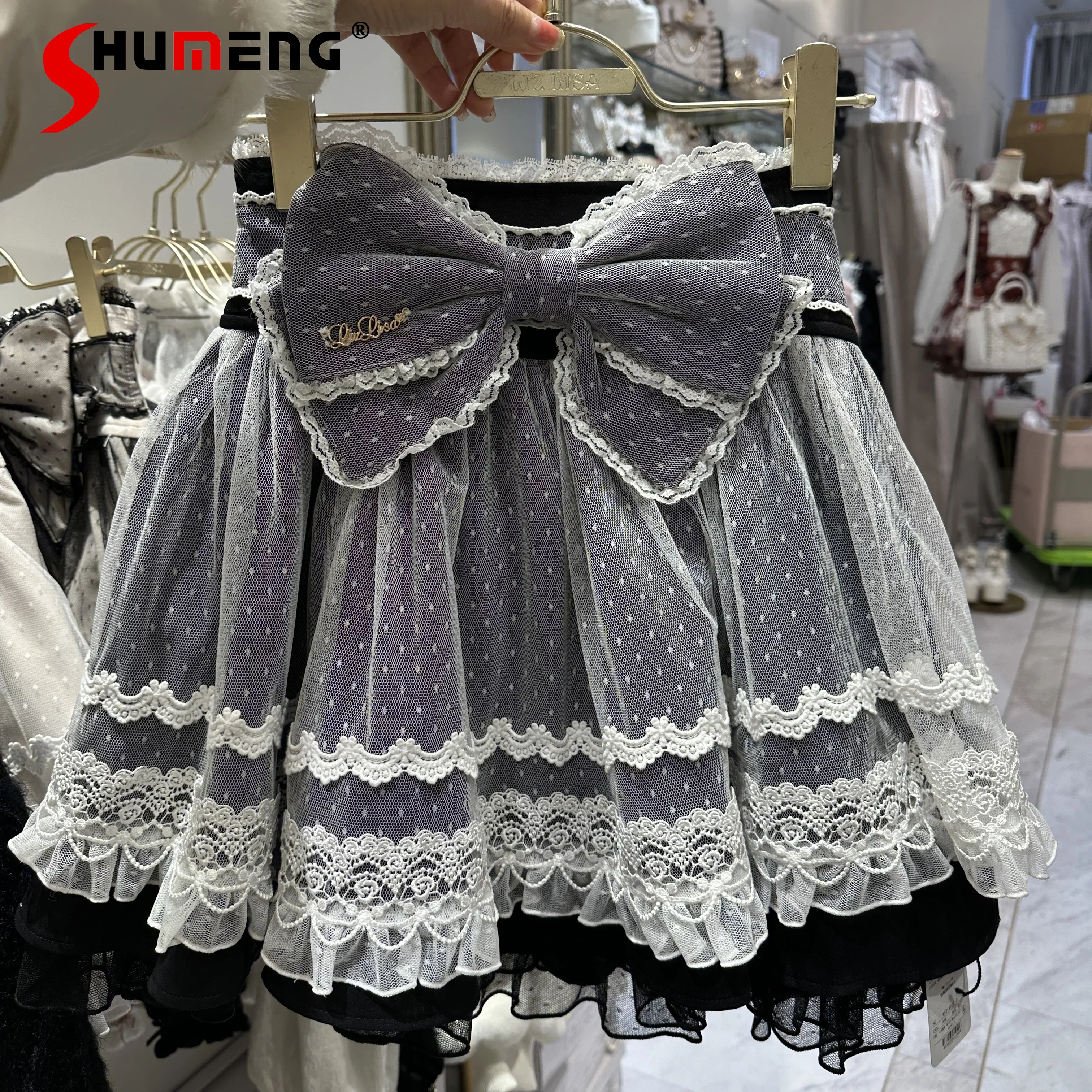 

Spring New Japanese-style Liz Skirt Mass-produced Lolita Cute Big Bow Mesh Patchwork Suspender Skirt Girls Maid-style Skirt