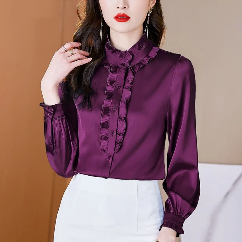 spring autumn stand collar Long Sleeve shirt women Solid color Button Cardigan elegant satin face edible tree fungus Pleated top