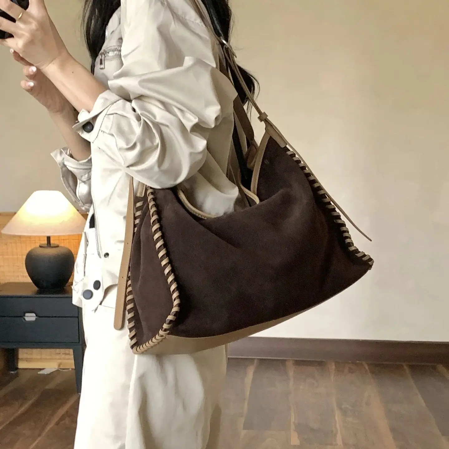 2026 Luxury Hit-color Hand-knitting Edge Long-handle Women Tote Kakhi Real Matte Suede Handbag Cow Leather Female Shoulder Bag